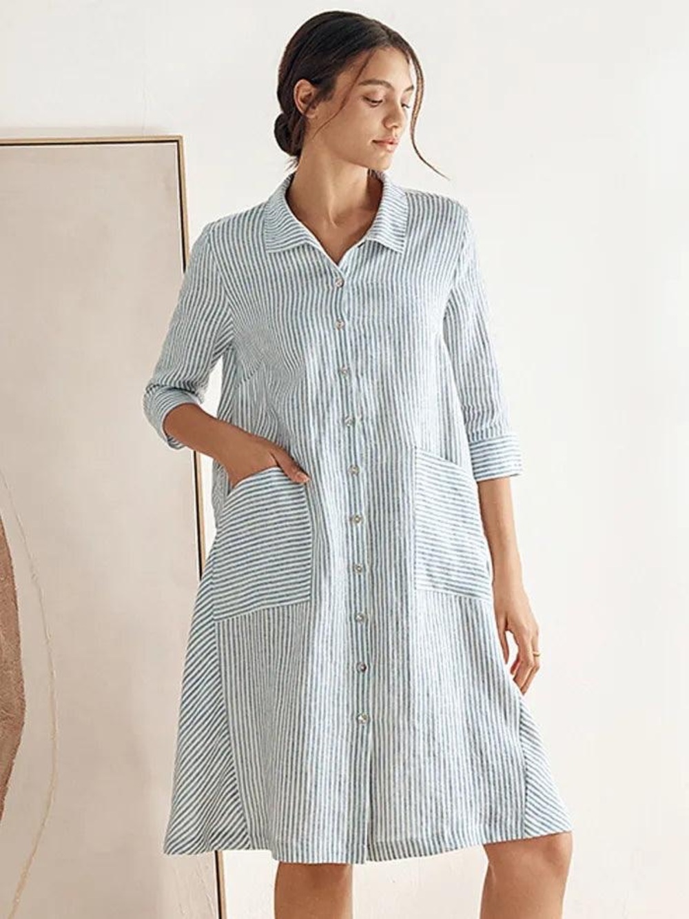 Linteco MADISON 100% Linen Shirt Dress Large Blue Stripe A-Line Pockets